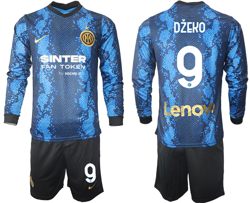 Men 2021-2022 Club Inter Milan home blue Long Sleeve #9 Soccer Jerseys->inter milan jersey->Soccer Club Jersey